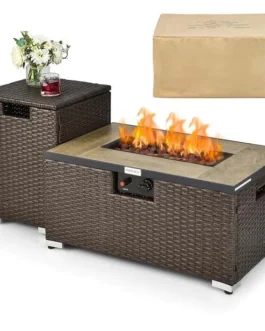 32″ x 20″ 40000 BTU Rattan Propane Fire Pit Table Set with Side Table Tank