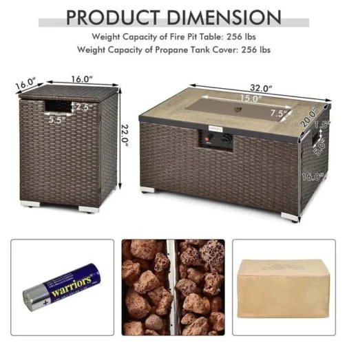 32″ x 20″ 40000 BTU Rattan Propane Fire Pit Table Set with Side Table Tank - Image 2