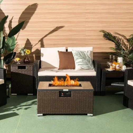 32″ x 20″ 40000 BTU Rattan Propane Fire Pit Table Set with Side Table Tank - Image 3