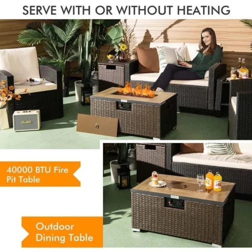 32″ x 20″ 40000 BTU Rattan Propane Fire Pit Table Set with Side Table Tank - Image 4