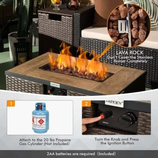 32″ x 20″ 40000 BTU Rattan Propane Fire Pit Table Set with Side Table Tank - Image 5