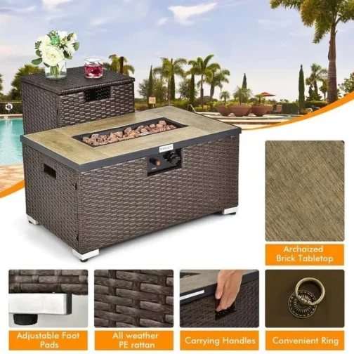32″ x 20″ 40000 BTU Rattan Propane Fire Pit Table Set with Side Table Tank - Image 6