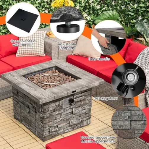 34.5″ Faux Stone Square Gas Fire Table, 50000 BTU Propane Fire Pit Table - Image 6