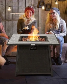 35″ 50000 BTU Rattan Outdoor Propane Gas Fire Pit Table with Marble Tabletop