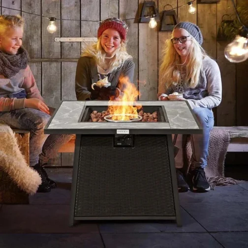 35″ 50000 BTU Rattan Outdoor Propane Gas Fire Pit Table with Marble Tabletop - Image 2