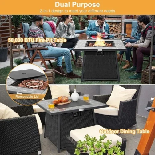 35″ 50000 BTU Rattan Outdoor Propane Gas Fire Pit Table with Marble Tabletop - Image 5