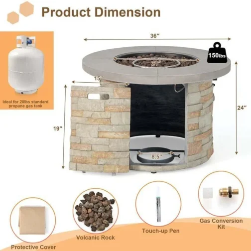 36″ Stone-Like Round Gas Fire Table, 50000 BTU Propane Fire Pit Table - Image 3