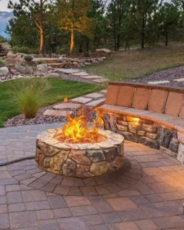 28″ 40000 BTU Round Stone Look Outdoor Propane Gas Fire Pit