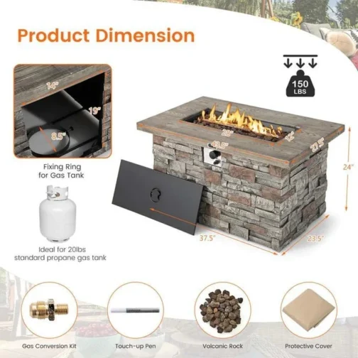 43.5″ Faux Stone Rectangular Propane Fire Pit Table, 50000 BTU Gas Fire Table - Image 3