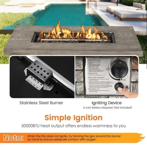 43.5″ Faux Stone Rectangular Propane Fire Pit Table, 50000 BTU Gas Fire Table - Image 6