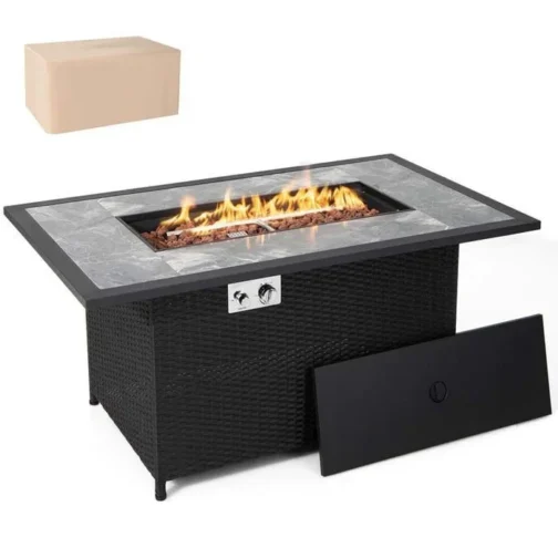 52″ 50000 BTU Rattan Outdoor Propane Gas Fire Pit Table with Marble Tabletop